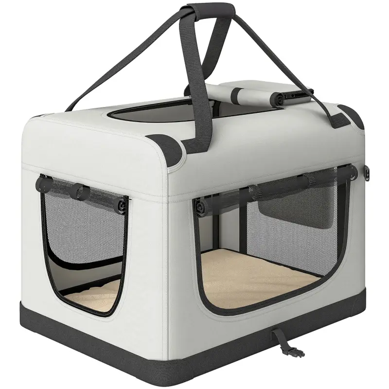 Transportín Perros Gatos Plegable 60x42x44 cm Correa para Coche Cojín Lavable Cuenco Plegable 2 Bolsillos Gris Claro