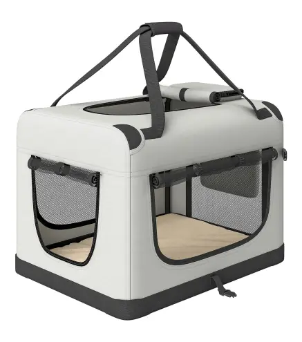 Transportín Perros Gatos Plegable 60x42x44 cm Correa para Coche Cojín Lavable Cuenco Plegable 2 Bolsillos Gris Claro