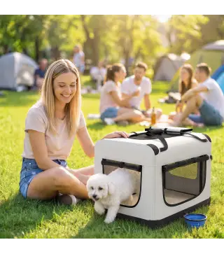 Transportín Perros Gatos Plegable 60x42x44 cm Correa para Coche Cojín Lavable Cuenco Plegable 2 Bolsillos Gris Claro