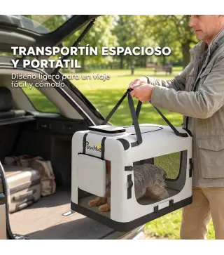 Transportín Perros Gatos Plegable 60x42x44 cm Correa para Coche Cojín Lavable Cuenco Plegable 2 Bolsillos Gris Claro