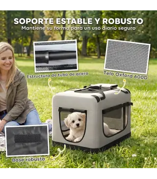 Transportín Perros Gatos Plegable 60x42x44 cm Correa para Coche Cojín Lavable Cuenco Plegable 2 Bolsillos Gris Claro