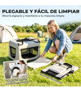 Transportín Perros Gatos Plegable 60x42x44 cm Correa para Coche Cojín Lavable Cuenco Plegable 2 Bolsillos Gris Claro