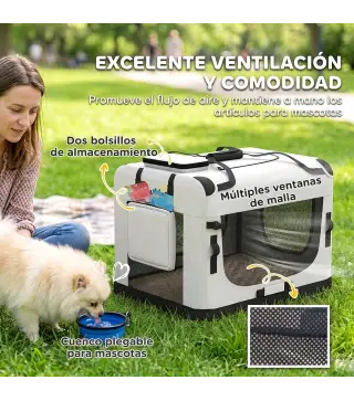Transportín Perros Gatos Plegable 60x42x44 cm Correa para Coche Cojín Lavable Cuenco Plegable 2 Bolsillos Gris Claro