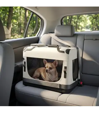 Transportín Perros Gatos Plegable 60x42x44 cm Correa para Coche Cojín Lavable Cuenco Plegable 2 Bolsillos Gris Claro