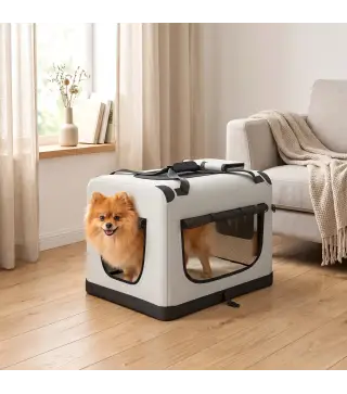 Transportín Perros Gatos Plegable 60x42x44 cm Correa para Coche Cojín Lavable Cuenco Plegable 2 Bolsillos Gris Claro