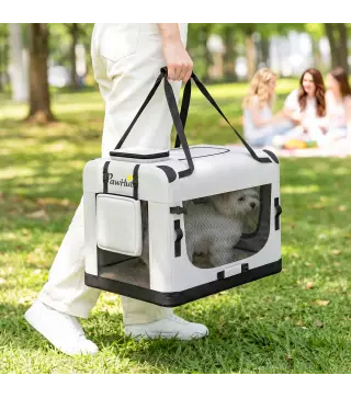 Transportín Perros Gatos Plegable 60x42x44 cm Correa para Coche Cojín Lavable Cuenco Plegable 2 Bolsillos Gris Claro