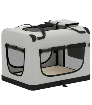 Transportín Perros Gatos Plegable 70x52x50 cm Correa para Coche Cojín Lavable Cuenco Plegable 2 Bolsillos Gris Claro