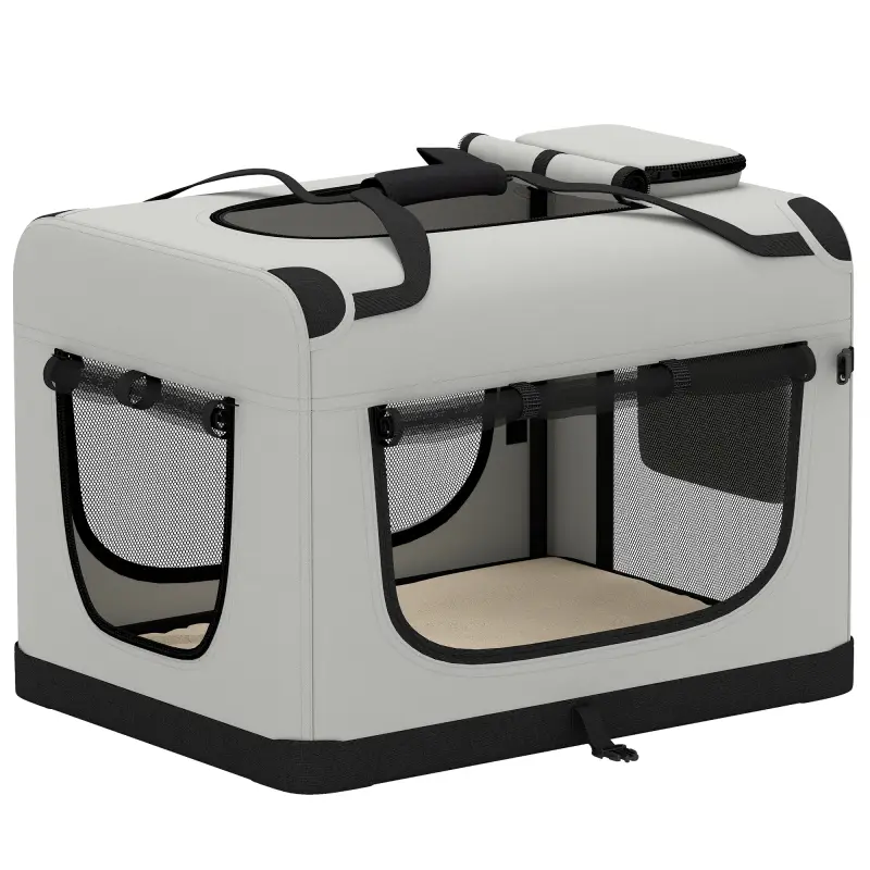 Transportín Perros Gatos Plegable 70x52x50 cm Correa para Coche Cojín Lavable Cuenco Plegable 2 Bolsillos Gris Claro