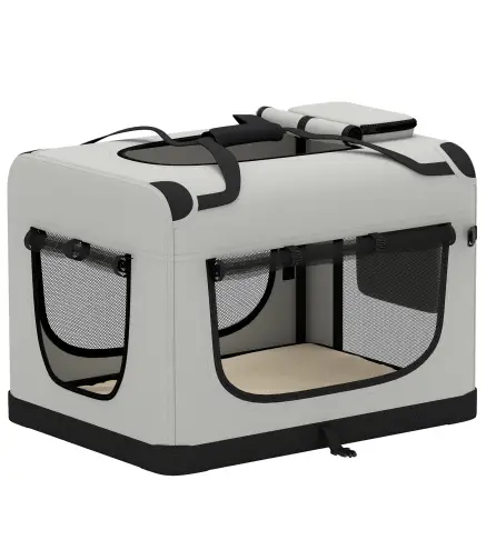 Transportín Perros Gatos Plegable 70x52x50 cm Correa para Coche Cojín Lavable Cuenco Plegable 2 Bolsillos Gris Claro