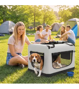 Transportín Perros Gatos Plegable 70x52x50 cm Correa para Coche Cojín Lavable Cuenco Plegable 2 Bolsillos Gris Claro