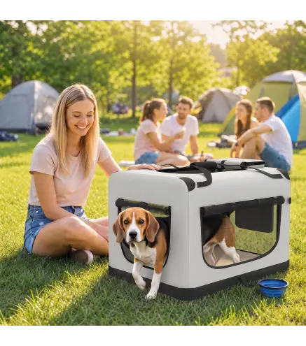 Transportín Perros Gatos Plegable 70x52x50 cm Correa para Coche Cojín Lavable Cuenco Plegable 2 Bolsillos Gris Claro