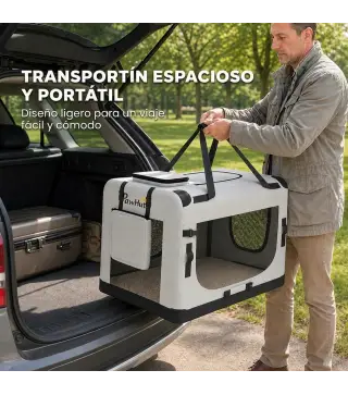 Transportín Perros Gatos Plegable 70x52x50 cm Correa para Coche Cojín Lavable Cuenco Plegable 2 Bolsillos Gris Claro