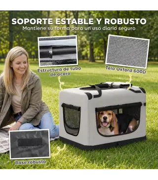 Transportín Perros Gatos Plegable 70x52x50 cm Correa para Coche Cojín Lavable Cuenco Plegable 2 Bolsillos Gris Claro