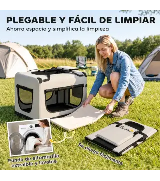 Transportín Perros Gatos Plegable 70x52x50 cm Correa para Coche Cojín Lavable Cuenco Plegable 2 Bolsillos Gris Claro