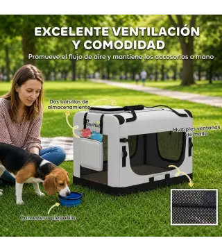 Transportín Perros Gatos Plegable 70x52x50 cm Correa para Coche Cojín Lavable Cuenco Plegable 2 Bolsillos Gris Claro