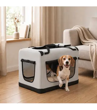 Transportín Perros Gatos Plegable 70x52x50 cm Correa para Coche Cojín Lavable Cuenco Plegable 2 Bolsillos Gris Claro