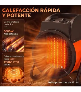 Calefactor Eléctrico Cerámico PTC 5000W Termostato Regulable 3 Modos Ángulo Ajustable Portátil para 48 ㎡ Naranja