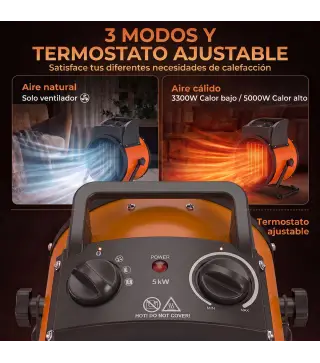 Calefactor Eléctrico Cerámico PTC 5000W Termostato Regulable 3 Modos Ángulo Ajustable Portátil para 48 ㎡ Naranja