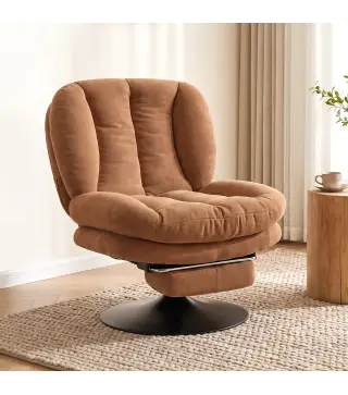 Sillón de Salón con Reposapiés Ajustable y Giratorio 360° de Lino Respaldo Forma Abanico Acolchado Grueso Marrón Oscuro