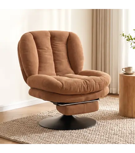 Sillón de Salón con Reposapiés Ajustable y Giratorio 360° de Lino Respaldo Forma Abanico Acolchado Grueso Marrón Oscuro