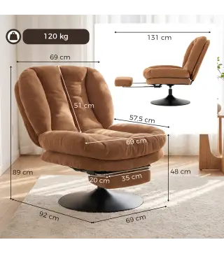 Sillón de Salón con Reposapiés Ajustable y Giratorio 360° de Lino Respaldo Forma Abanico Acolchado Grueso Marrón Oscuro