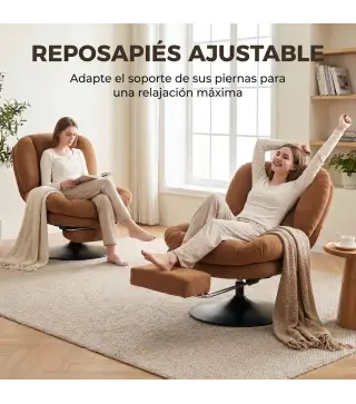 Sillón de Salón con Reposapiés Ajustable y Giratorio 360° de Lino Respaldo Forma Abanico Acolchado Grueso Marrón Oscuro