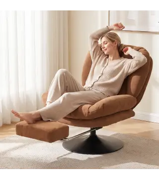 Sillón de Salón con Reposapiés Ajustable y Giratorio 360° de Lino Respaldo Forma Abanico Acolchado Grueso Marrón Oscuro