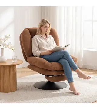 Sillón de Salón con Reposapiés Ajustable y Giratorio 360° de Lino Respaldo Forma Abanico Acolchado Grueso Marrón Oscuro