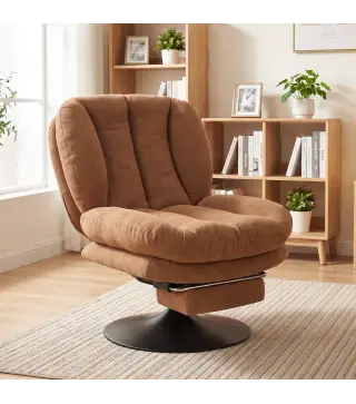 Sillón de Salón con Reposapiés Ajustable y Giratorio 360° de Lino Respaldo Forma Abanico Acolchado Grueso Marrón Oscuro