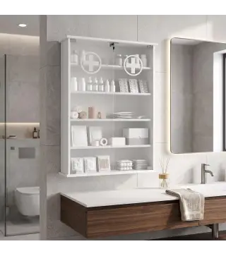 Botiquín de Pared de 5 Niveles con 2 Puertas de Cristal Estantes Ajustables Cerradura y 2 Llaves 60x17x82,5 cm Blanco