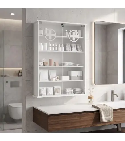 Botiquín de Pared de 5 Niveles con 2 Puertas de Cristal Estantes Ajustables Cerradura y 2 Llaves 60x17x82,5 cm Blanco