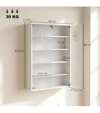 Botiquín de Pared de 5 Niveles con 2 Puertas de Cristal Estantes Ajustables Cerradura y 2 Llaves 60x17x82,5 cm Blanco