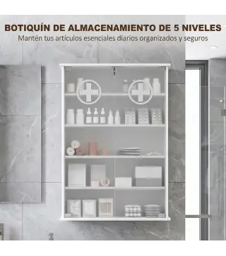 Botiquín de Pared de 5 Niveles con 2 Puertas de Cristal Estantes Ajustables Cerradura y 2 Llaves 60x17x82,5 cm Blanco