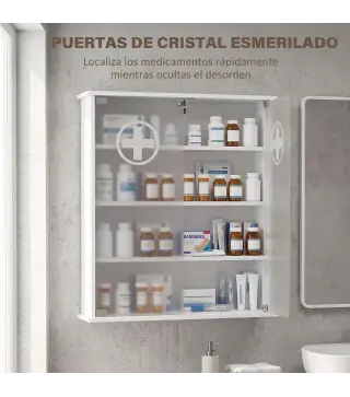 Botiquín de Pared de 5 Niveles con 2 Puertas de Cristal Estantes Ajustables Cerradura y 2 Llaves 60x17x82,5 cm Blanco