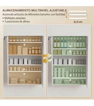 Botiquín de Pared de 5 Niveles con 2 Puertas de Cristal Estantes Ajustables Cerradura y 2 Llaves 60x17x82,5 cm Blanco