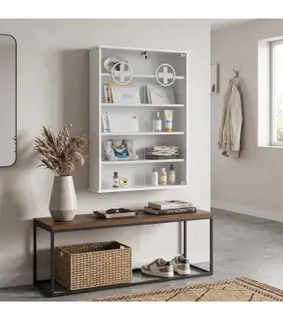 Botiquín de Pared de 5 Niveles con 2 Puertas de Cristal Estantes Ajustables Cerradura y 2 Llaves 60x17x82,5 cm Blanco