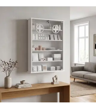 Botiquín de Pared de 5 Niveles con 2 Puertas de Cristal Estantes Ajustables Cerradura y 2 Llaves 60x17x82,5 cm Blanco