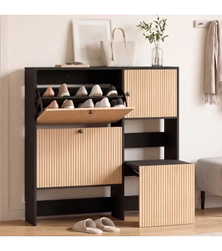 Zapatero Estrecho con 2 Cajones Abatibles Armario Taburete Oculto Estantes Ajustables 8-10 Pares 100x23,8x100 cm Roble