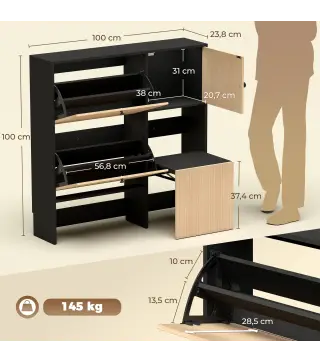 Zapatero Estrecho con 2 Cajones Abatibles Armario Taburete Oculto Estantes Ajustables 8-10 Pares 100x23,8x100 cm Roble