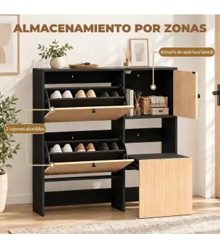 Zapatero Estrecho con 2 Cajones Abatibles Armario Taburete Oculto Estantes Ajustables 8-10 Pares 100x23,8x100 cm Roble