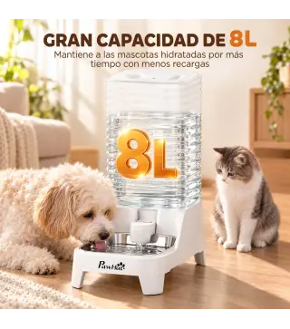 Dispensador de Agua Automático por Gravedad para Perros y Gatos 8 L Boquilla Abatible Cuenco de Acero Inoxidable Blanco