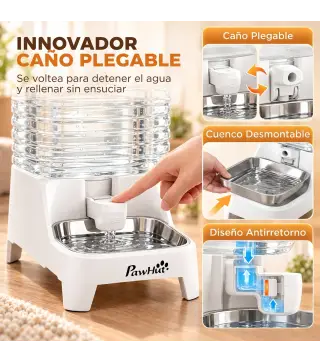 Dispensador de Agua Automático por Gravedad para Perros y Gatos 8 L Boquilla Abatible Cuenco de Acero Inoxidable Blanco