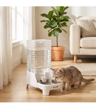 Dispensador de Agua Automático por Gravedad para Perros y Gatos 8 L Boquilla Abatible Cuenco de Acero Inoxidable Blanco