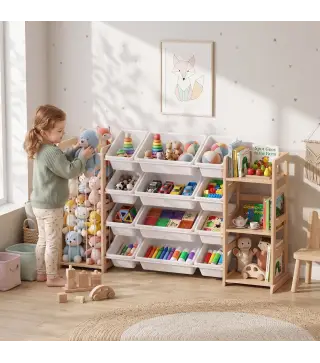 Estantería Infantil de Juguetes de Madera con 12 Cajas Organizador de Peluches 3 Estantes 146x39,5x88 cm Natural