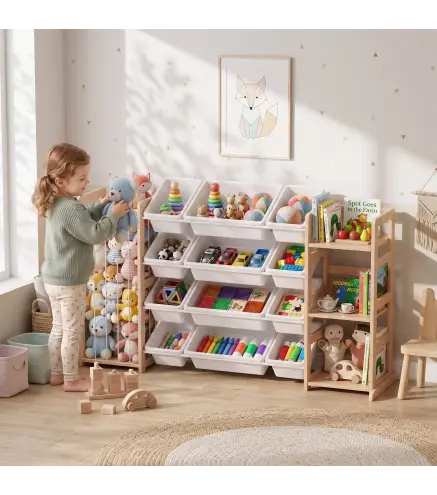 Estantería Infantil de Juguetes de Madera con 12 Cajas Organizador de Peluches 3 Estantes 146x39,5x88 cm Natural