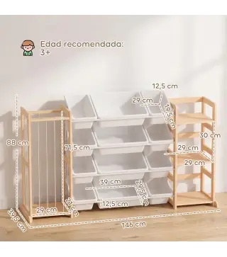 Estantería Infantil de Juguetes de Madera con 12 Cajas Organizador de Peluches 3 Estantes 146x39,5x88 cm Natural