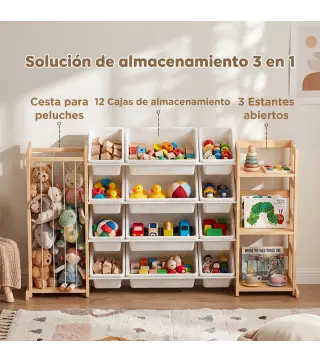 Estantería Infantil de Juguetes de Madera con 12 Cajas Organizador de Peluches 3 Estantes 146x39,5x88 cm Natural