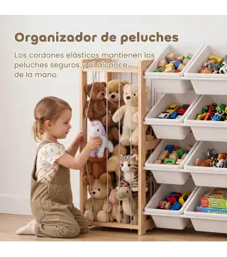 Estantería Infantil de Juguetes de Madera con 12 Cajas Organizador de Peluches 3 Estantes 146x39,5x88 cm Natural