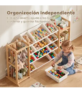 Estantería Infantil de Juguetes de Madera con 12 Cajas Organizador de Peluches 3 Estantes 146x39,5x88 cm Natural