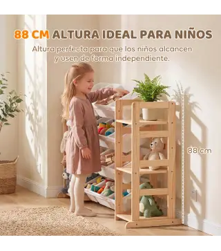 Estantería Infantil de Juguetes de Madera con 12 Cajas Organizador de Peluches 3 Estantes 146x39,5x88 cm Natural